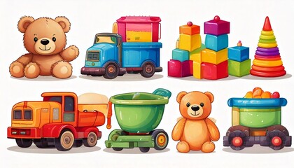 Obraz premium Collection of colorful childrens toys including a teddy bear, truck, train, bucket, and stac.jpg