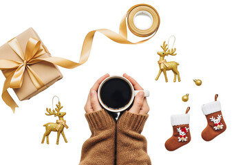 flat lay of hand with coffee cup 