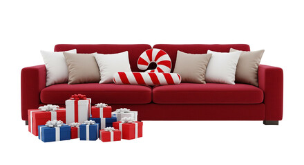 red sofa with Christmas gift box decorate