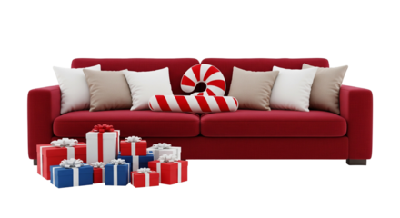 red sofa with Christmas gift box decorate