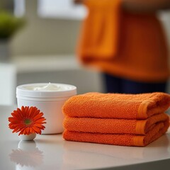 Orange towels, cream jar, and flower on a table