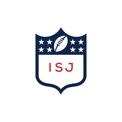 ISJ American Football Logo Design. ISJ Modern Sports Shield Emblem with Stars and Ball for Football Club ISJ Tournament and Team Branding.
