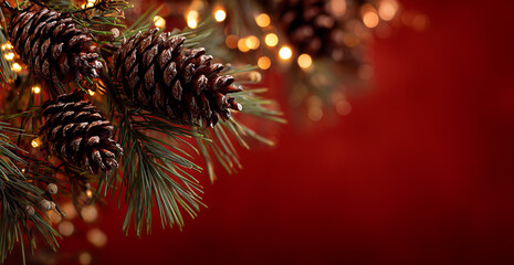 Christmas tree lights with pine cones on red background banner design with ample copy space for holiday card seasonal decoration
