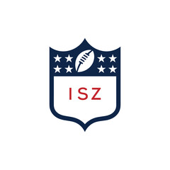 ISZ American Football Logo Design. ISZ Modern Sports Shield Emblem with Stars and Ball for Football Club ISZ Tournament and Team Branding.
