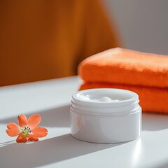 White jar of cream, orange towels, flower