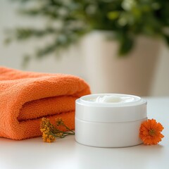 Orange towel, cream jar, and flowers on white surface. Soft focus