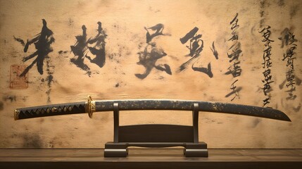 Japanese Katana Sword on Stand with Calligraphy Background