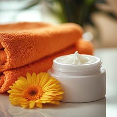 Orange towels, cream jar, yellow flower. Spa setting