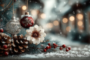 Elegant Christmas Background with White Snowflakes and Red Ornaments, Winter Wonderland for Holiday Designs