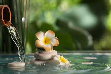 Lake with spa stones and beautiful plumeria flowers in tropical bamboo garden