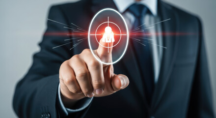 Businessmans Finger Targets Goal with Digital Crosshairs.