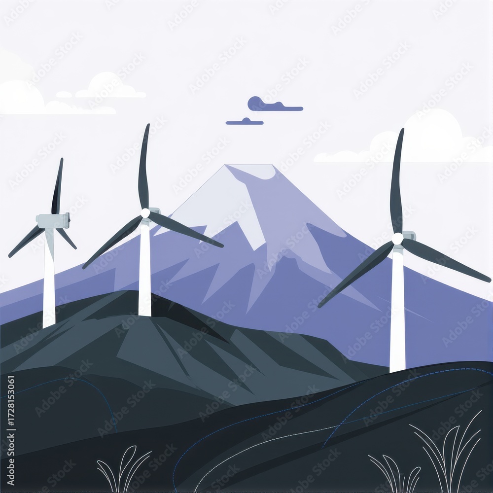 Wall mural landscape image with mountain and wind turbine panoramic view ui interface user