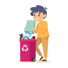 Sorting Trash with Smiling Character in Yellow Sweater and Brown Pants Near Pink Recycle Bin on Transparent Background