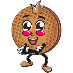 funny stroopwafel mascot character cute round waffle vector illustration crowned like a king while folding his arms calmly, work of hand drawn