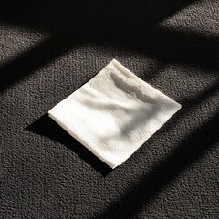 A single, slightly crumpled, white cleaning wipe on a dark textured surface, illuminated by sunlight