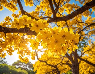 Fototapeta premium Bright yellow blossoms in a sunlit tree canopy
