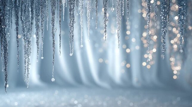 Glittering frosted icicles sparkle with warm glowing lights in the background on a snowy christmas scene