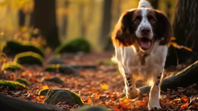 A springer spaniel dog walks through an autumn forest