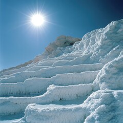White terraced formations, sunlit landscape