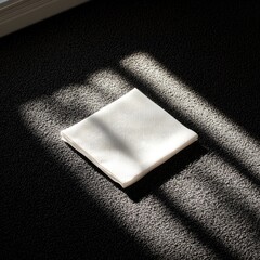 A crisp white cloth square lies on a dark gray carpet, illuminated by sunbeams