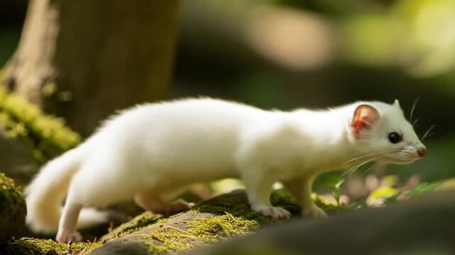 A white weasel sniffs moss on a log in a forest