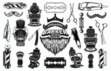 Vintage barber shop elements with chairs, mustaches, and scissors for retro styling, perfect for classic grooming designs and old-school advertising