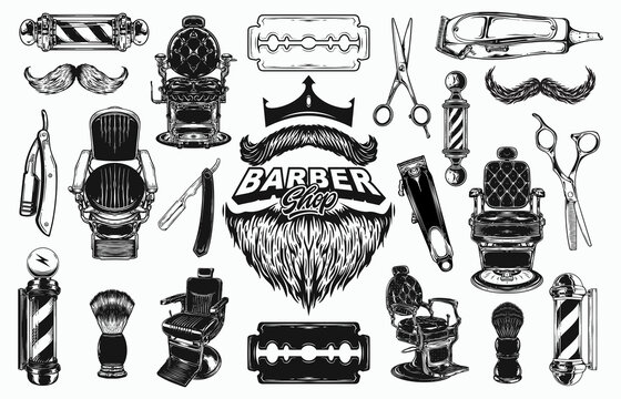 Vintage barber shop elements with chairs, mustaches, and scissors for retro styling, perfect for classic grooming designs and old-school advertising