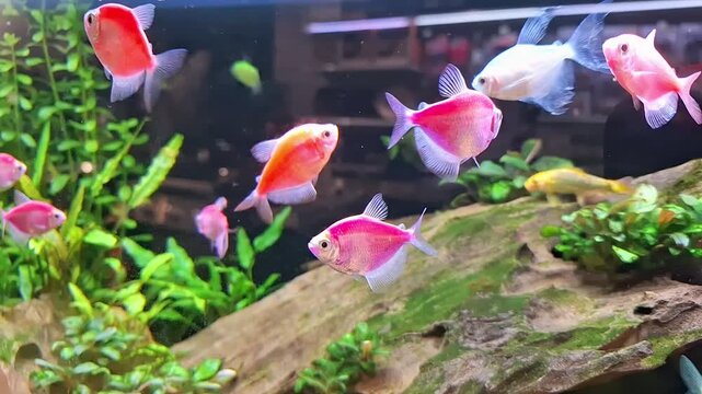 A vibrant group of fluorescent colorful glofish swim in a aquarium, close up view. A genetically modified fish display a range of neon hues, including pink, yellow, green, purple, and blue.