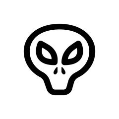 A simple black and white outline of an alien head with large eyes and a rounded cranium on white background