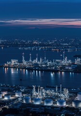 Obraz premium Aerial View of Industrial Complex with Bright Lights and Reflections on Water at Dusk