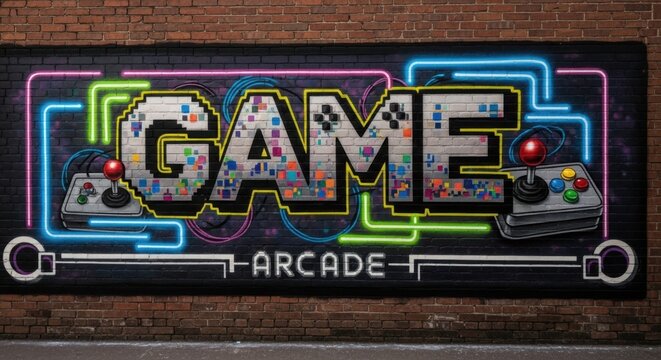 Dynamic Neon 'GAME ARCADE' Graffiti Art with Pixelated Text & Joysticks on Brick Wall