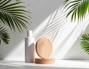  Natural beauty product display with palm leaf shadows white background 