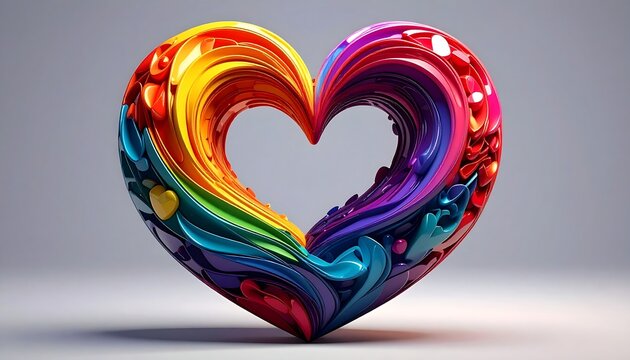 A vibrant, rainbow-colored heart sculpted from swirling, glossy forms