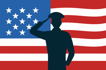Minimalist soldier saluting in front of waving USA flag