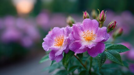 Close Up of Blooming Purple Flowers with Orange Centers and Green Leaves Macro Shot