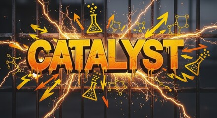 Explosive 'CATALYST' Text with Electrifying Lightning, Arrows, Flasks, and Molecular Structures on Dark Grungy Background