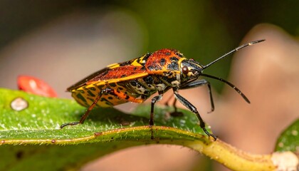 Naklejka premium Close-up of a colorful insect on a leaf (2)