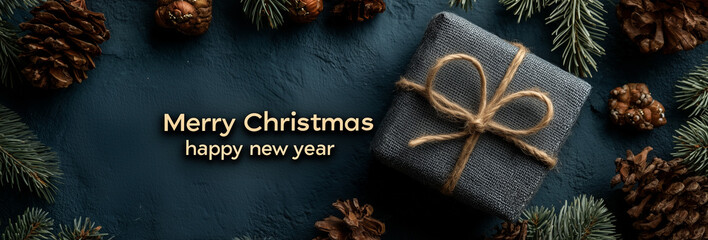 Festive Blue Gold Christmas Banner: Typography with Pinecone Gift Box, Flat Lay NYE Social Media Template Design