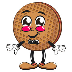 funny stroopwafel mascot character cute round waffle vector illustration wearing a bow tie and feeling cool, work of hand drawn