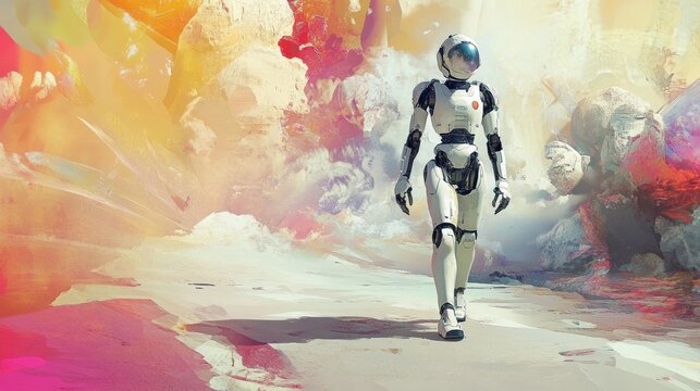 Futuristic robot walks on colorful alien landscape