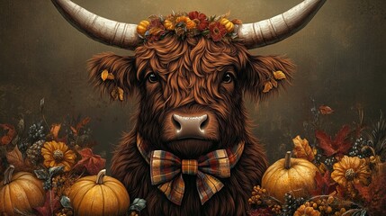 A Highland Cow with a festive bow tie and a cornucopia for Thanksgiving .