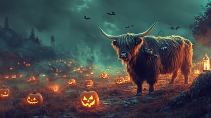 A Highland Cow with Halloween lanterns glowing in a spooky, misty pumpkin patch .