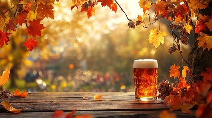 Autumn foliage with beer festival backdrop .