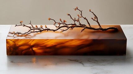Amber-toned product plinth with delicate autumn branches .