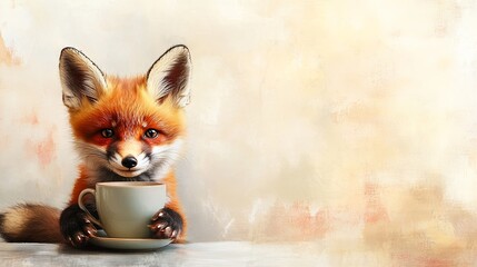 Baby fox with hot tea, soft background, space for text. .