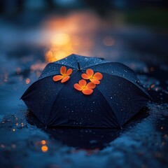 Black umbrella, wet, orange flowers, evening rain