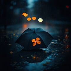 A dark umbrella, reflecting a vibrant four-leaf clover, sits in a rain-filled puddle on a city street at night
