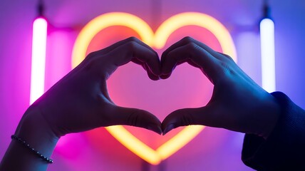 Fototapeta premium Hands forming heart shape neon lights image
