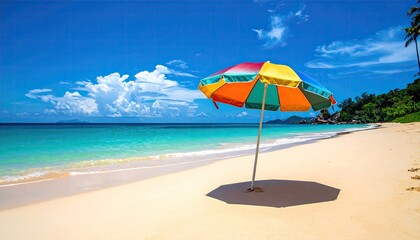 Tropical Beach Scene with Colorful Sun Umbrella Under Blue Sky and Turquoise Sea Water on Sand Coastline in Bright Daylight