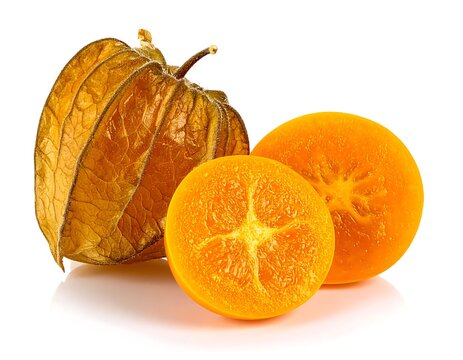 Close-up of a dried physalis fruit and segments of a citrus fruit